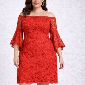 NWT Eloquii Vibrant Red Lace Long ruffled Sleeve Dress size 16